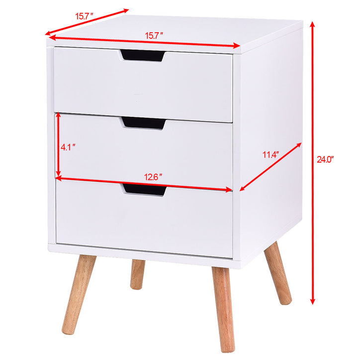 White Side End Table Nightstand w/ 3 Drawers Mid-Century Accent Wood Furniture Image 4