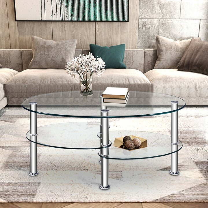 Tempered Glass Oval Side Coffee Table Shelf Chrome Base Living Room Clear Image 3