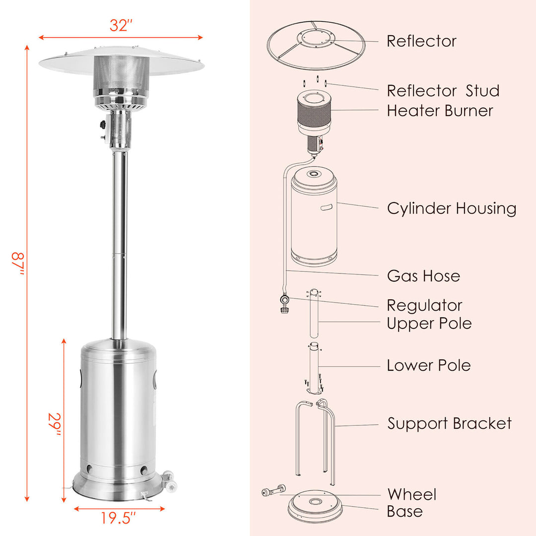 48000 BTU Stainless Steel Propane Patio Standing LP Gas Heater W/ Wheels Image 3