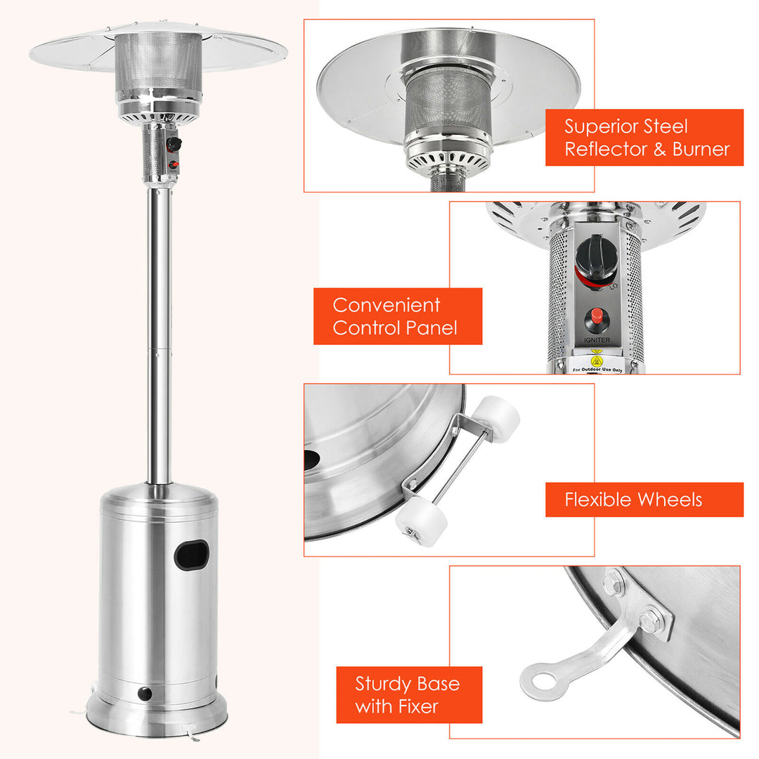 48000 BTU Stainless Steel Propane Patio Standing LP Gas Heater W/ Wheels Image 4