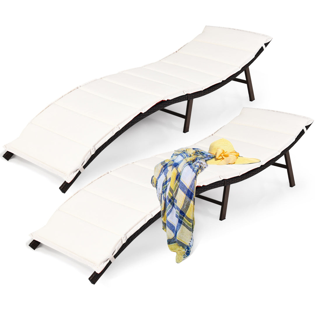 2PCS Patio Rattan Folding Lounge Chair Stackable Double Sided Cushion Image 2