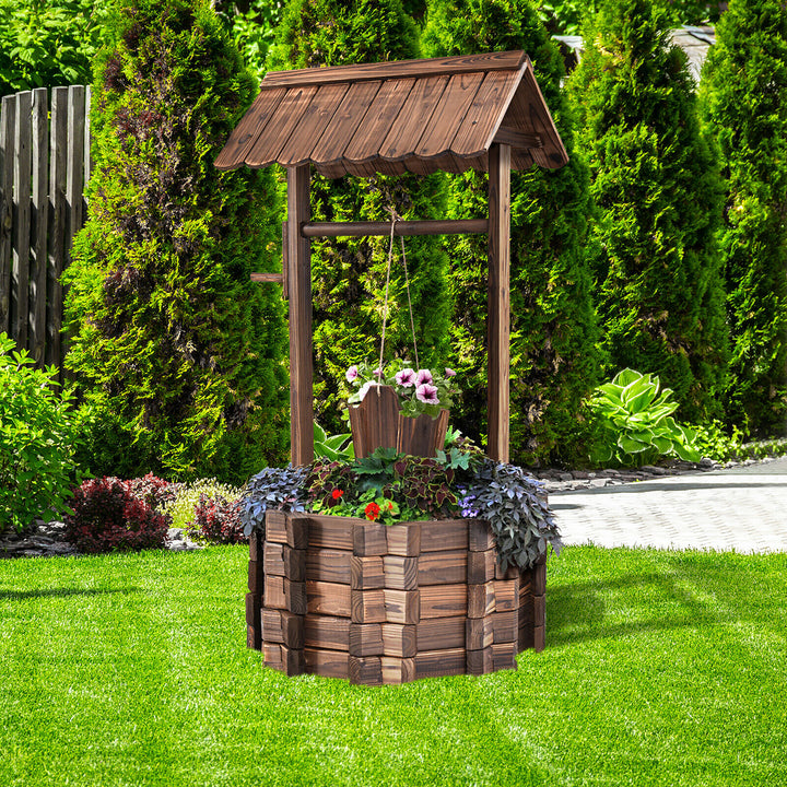 Outdoor Wooden Wishing Well Bucket Flower Plants Planter Patio Garden Image 3