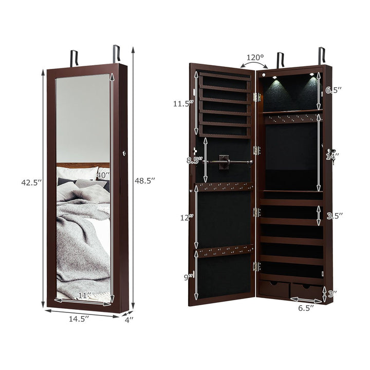 Wall Mount Mirrored Jewelry Cabinet Organizer LED Lights Image 2