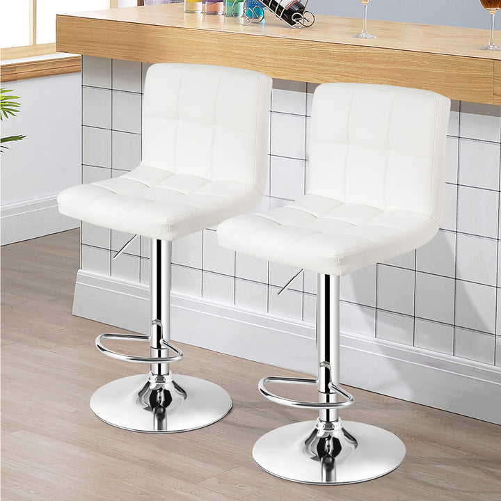 Set of 2 Adjustable Bar Stools PU Leather Swivel Kitchen Counter Pub Chair White Image 4