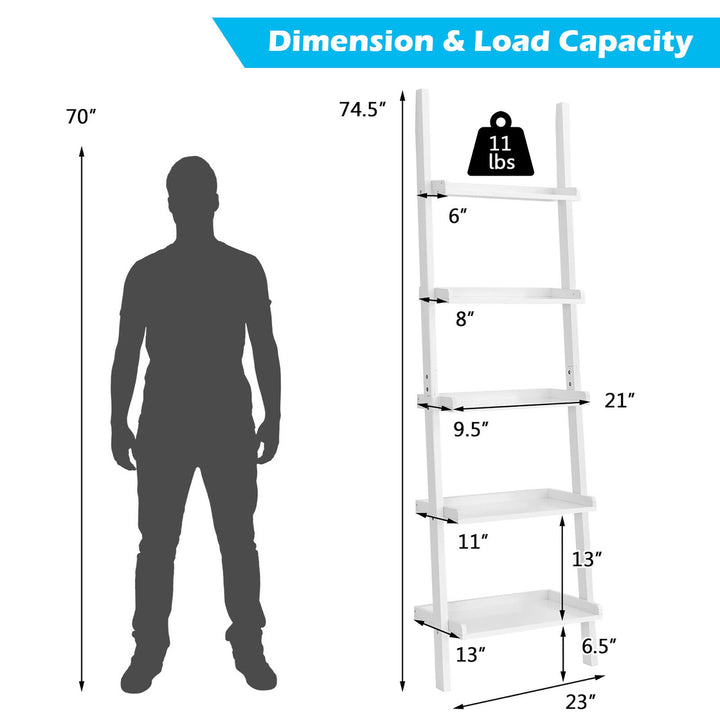 Versatile White 5-Tier Bookshelf Leaning Wall Shelf Ladder Bookcase Storage Display Furni Image 2