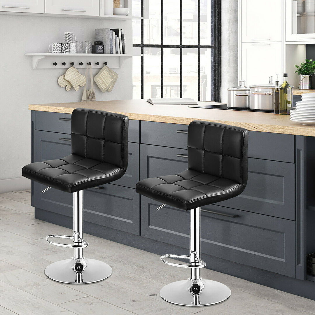 Set of 2 Bar Stools PU Leather Adjustable Barstool Swivel Pub Chairs Black Full Back Image 4