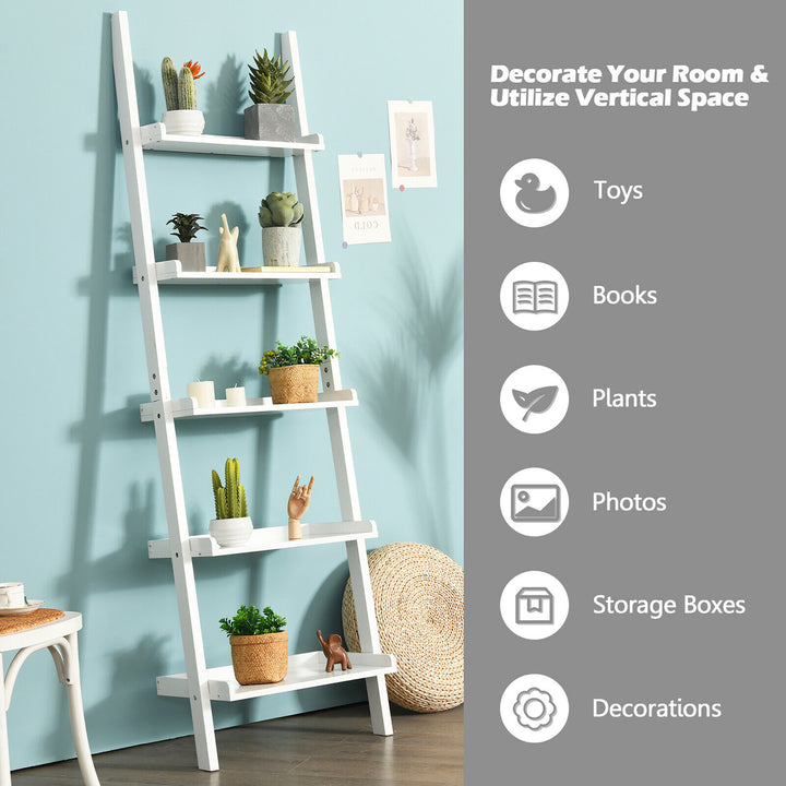 Versatile White 5-Tier Bookshelf Leaning Wall Shelf Ladder Bookcase Storage Display Furni Image 4