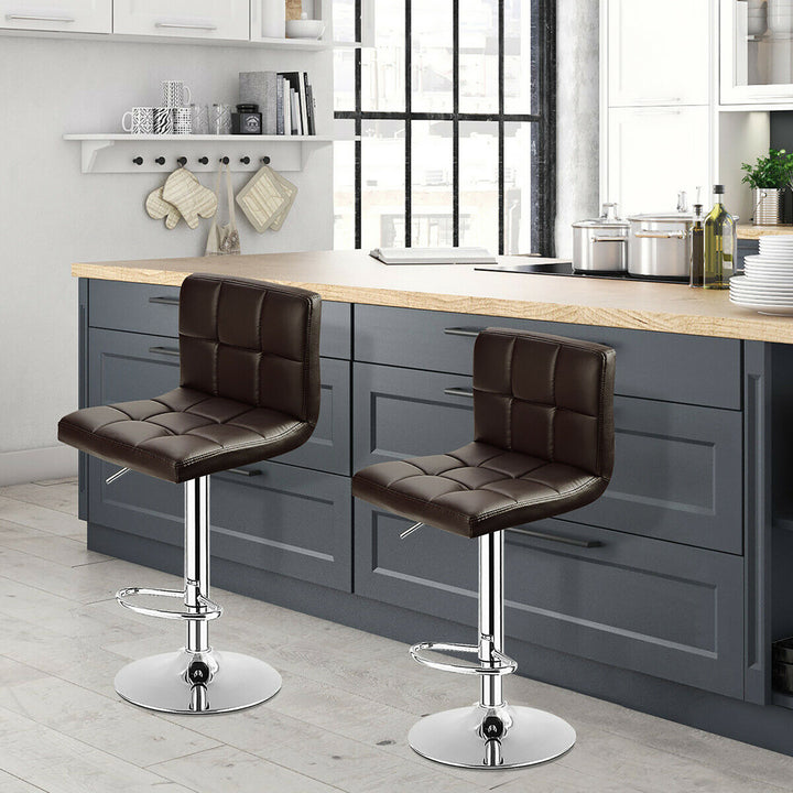 Set of 2 Bar Stools Adjustable PU Leather Swivel Kitchen Counter Bar Chair Brown Image 4