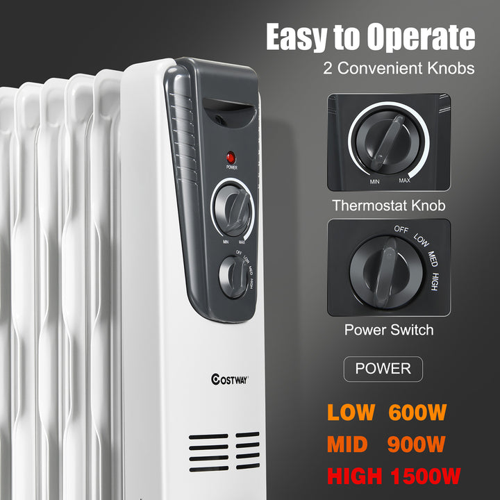 1500W Electric Oil Filled Radiator Space Heater 5.7 Fin Thermostat Room Radiant Image 4