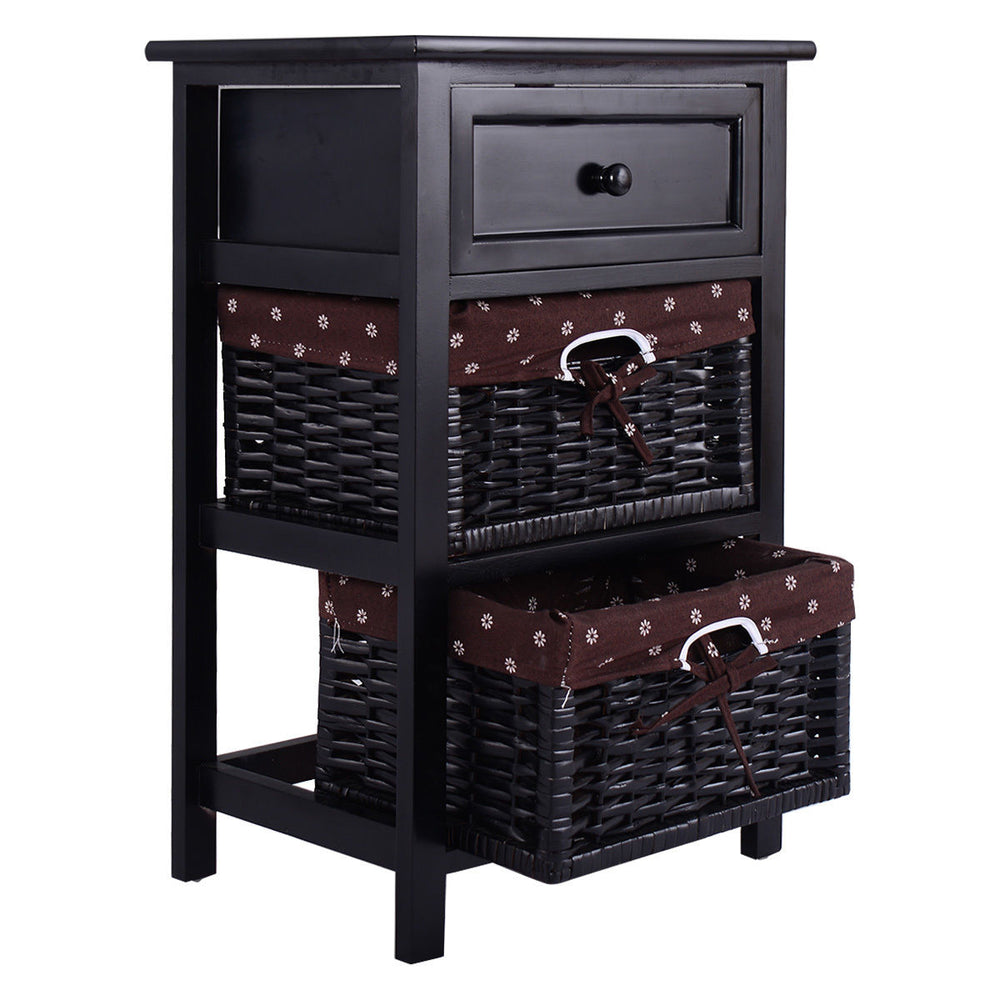 Set OF 2 Night Stand 3 Tier 1 Drawer Bedside End Table Organizer Wood W/2 Basket Image 2