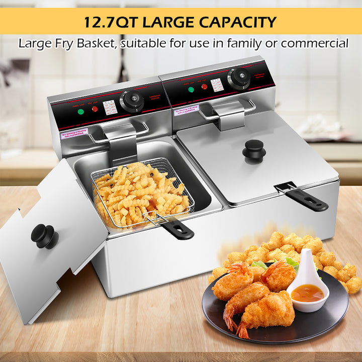 3400w Electric Countertop Deep Fryer Dual Tank Commercial Restaurant Steel Image 4