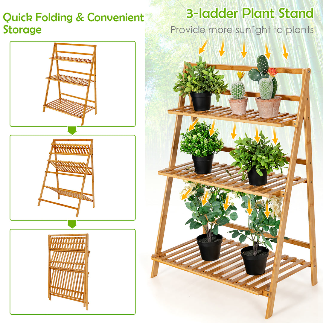 3 Tier Outdoor Bamboo Flower Pot Shelf Stand Folding Display Rack Garden Yard Image 3