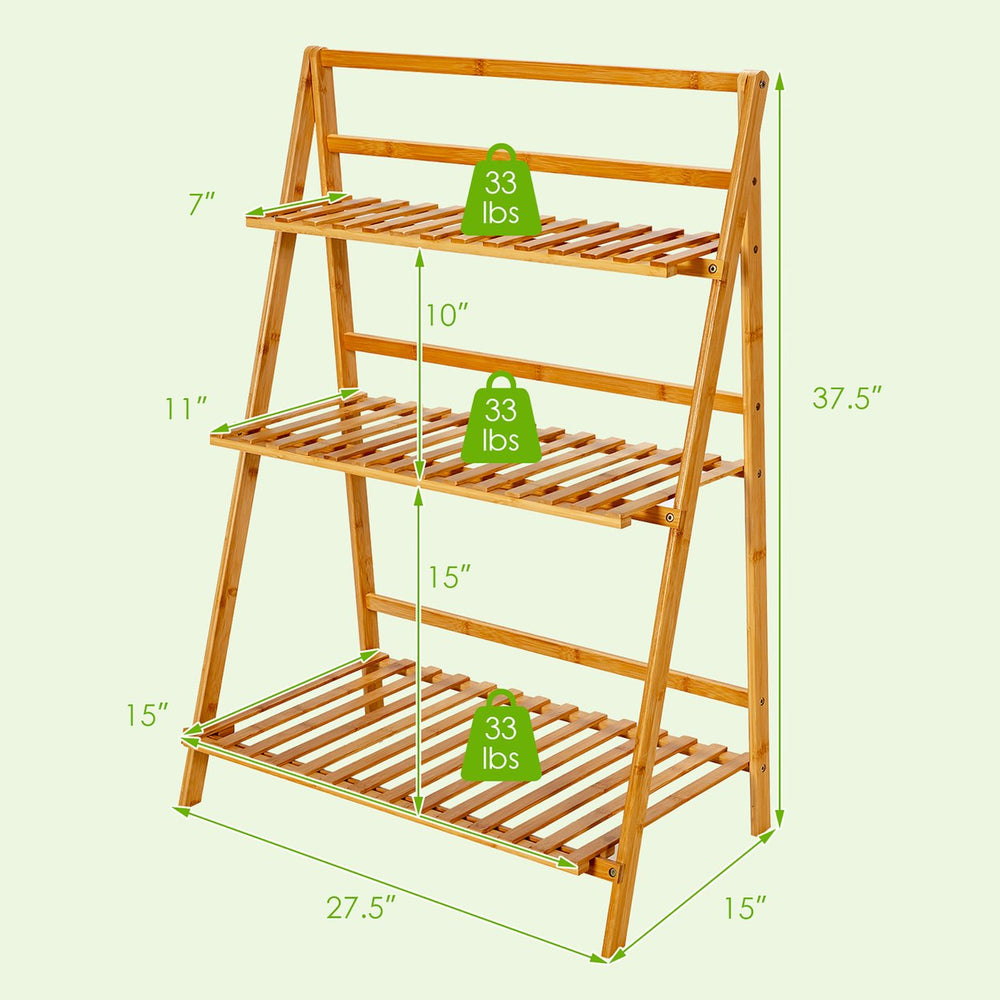 3 Tier Outdoor Bamboo Flower Pot Shelf Stand Folding Display Rack Garden Yard Image 2