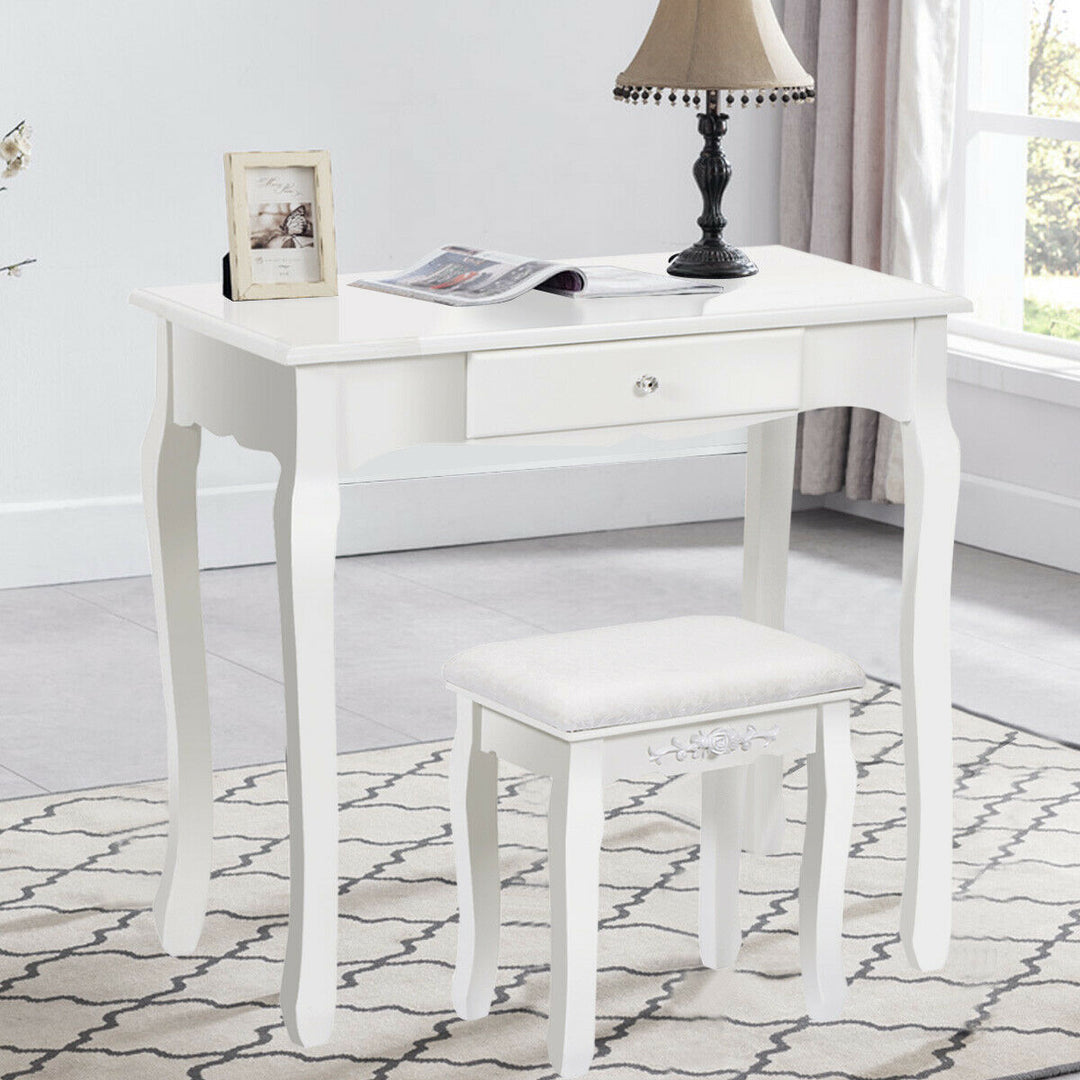 White Vanity Wood Makeup Dressing Table Stool 3 Drawer Image 2