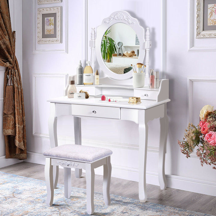 White Vanity Wood Makeup Dressing Table Stool 3 Drawer Image 4