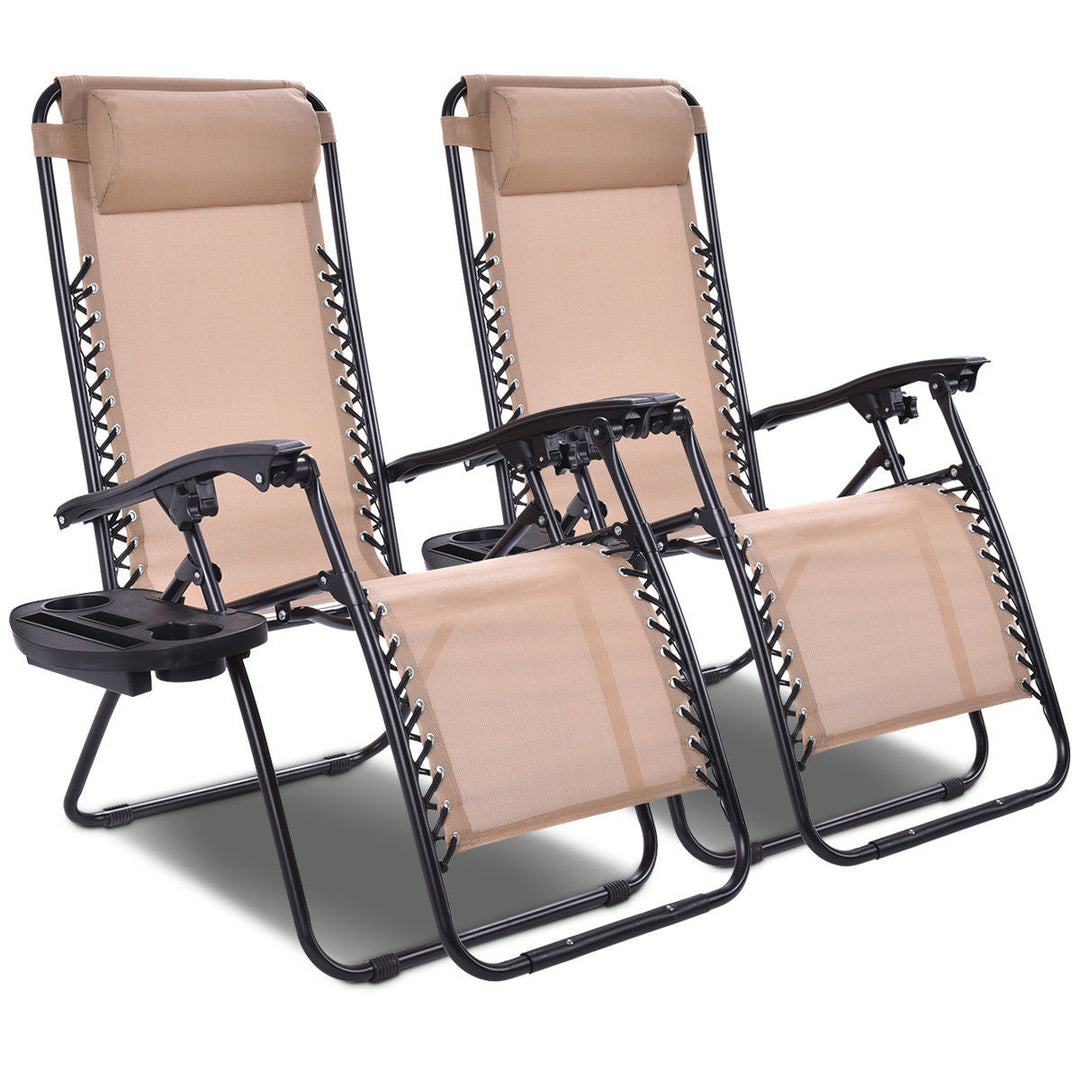 2PCS Zero Gravity Chairs Lounge Patio Folding Recliner Beige W/Cup Holder Image 2