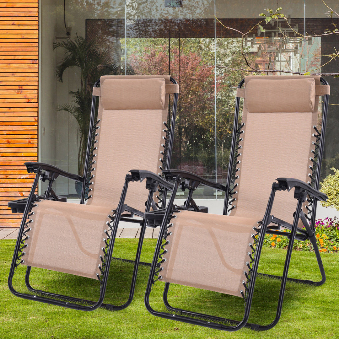 2PCS Zero Gravity Chairs Lounge Patio Folding Recliner Beige W/Cup Holder Image 3