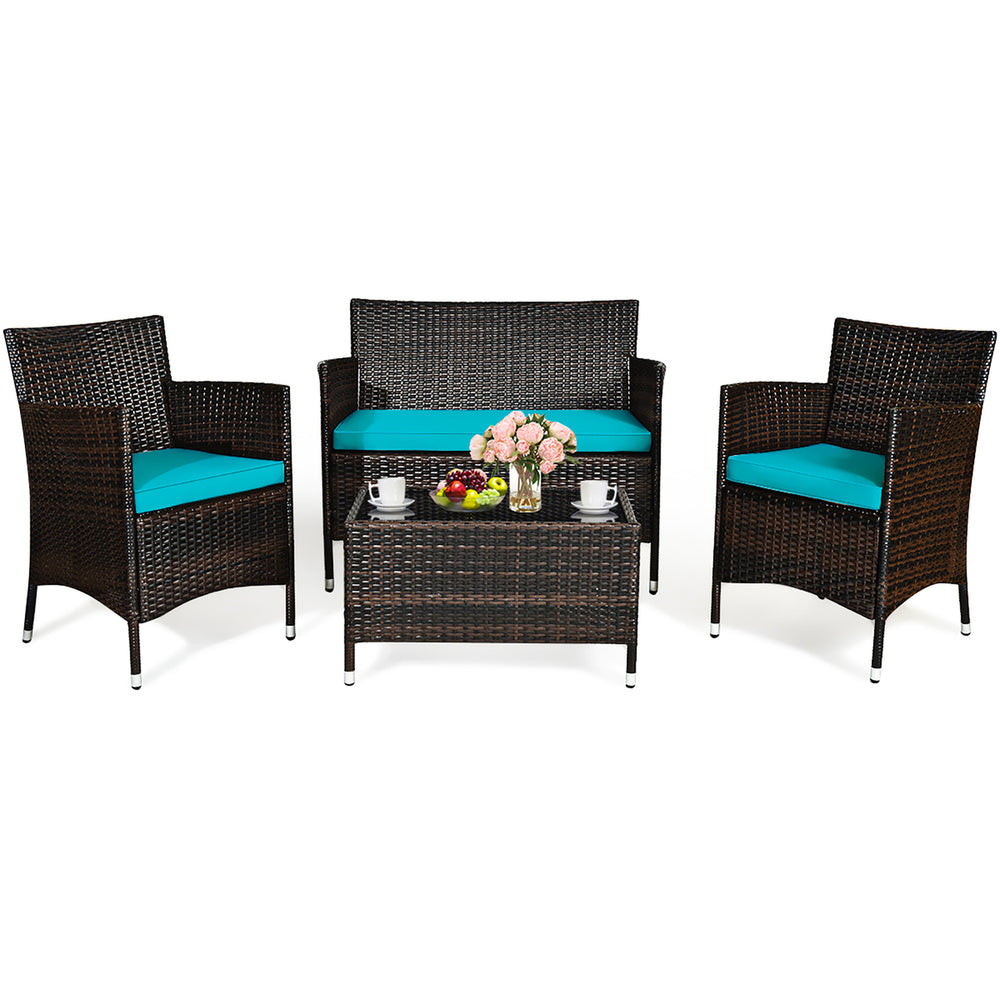 4PCS Outdoor Patio PE Rattan Wicker Table Shelf Sofa Furniture Set With Cushion Image 2