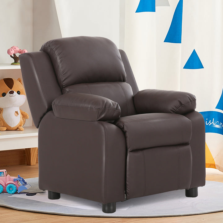 Deluxe Padded Kids Sofa Armchair Recliner Headrest Children w/ Storage Arm Brown Image 2