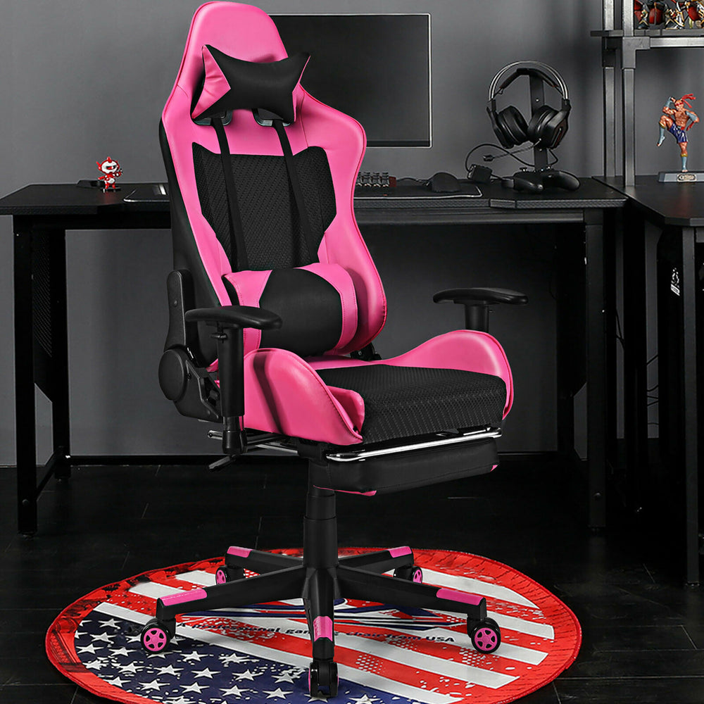 Massage Gaming Chair Reclining Racing Office Computer Chair with Footrest Pink Image 2