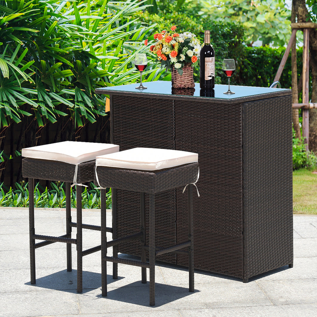 3PCS Patio Rattan Wicker Bar Table Stools Dining Set Cushioned Chairs Garden Image 3