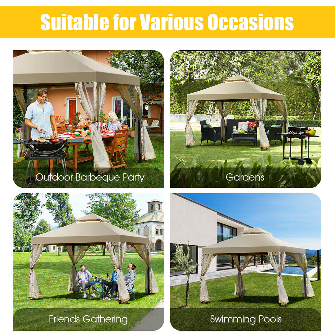 Outdoor 2-Tier 10x10 Gazebo Canopy Shelter Awning Tent Patio Garden Screw-free structure Brown Image 5