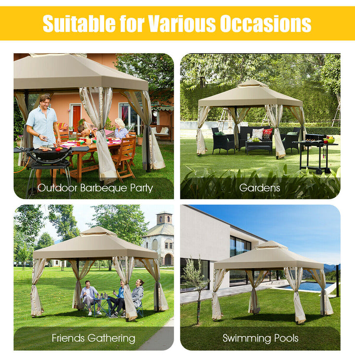 Outdoor 2-Tier 10x10 Gazebo Canopy Shelter Awning Tent Patio Garden Screw-free structure Brown Image 5