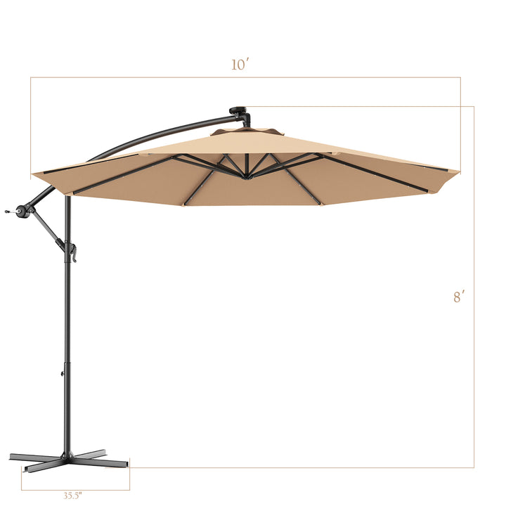 10 Hanging Solar LED Umbrella Patio Sun Shade Offset Market W/Base Beige Image 3