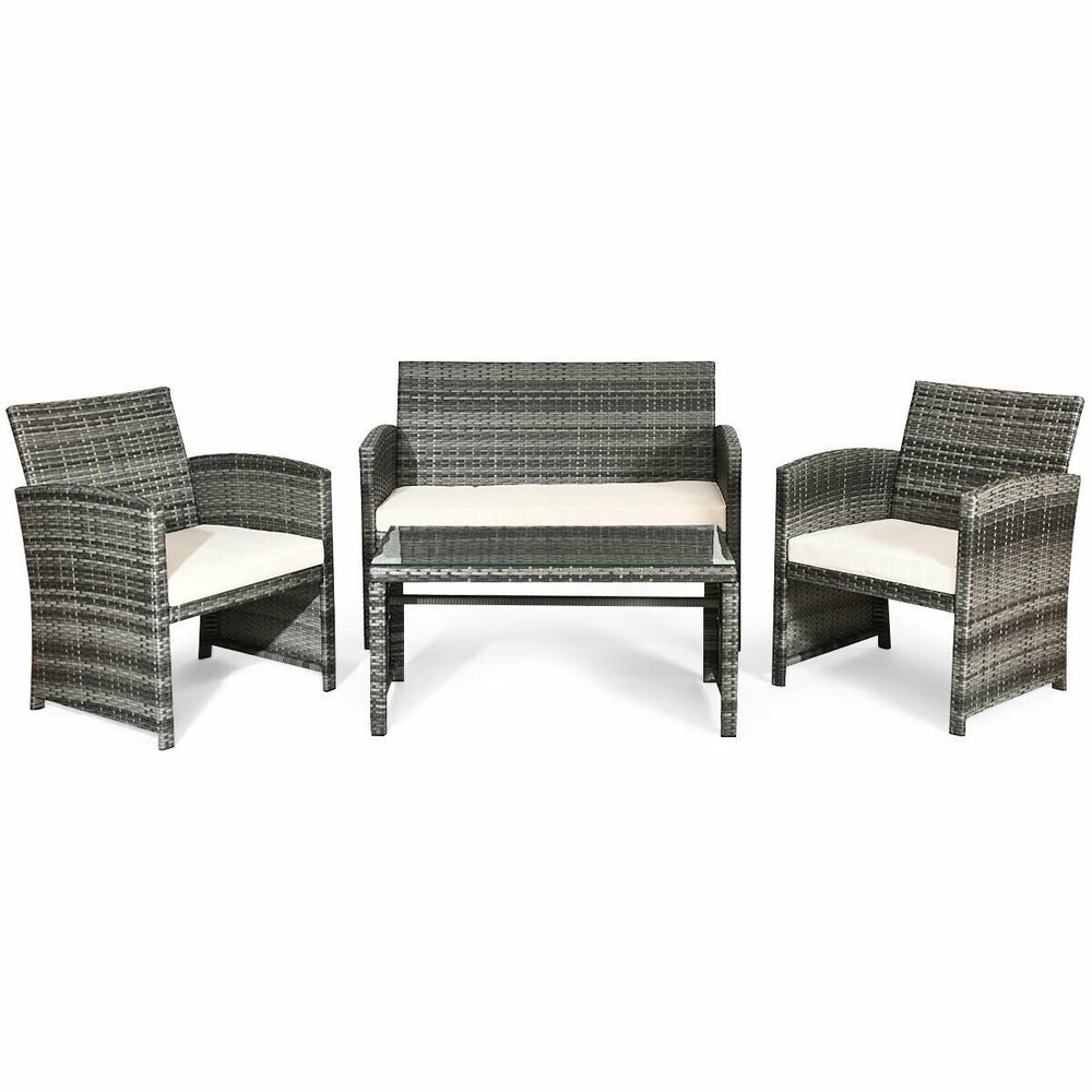 4PCS Rattan Patio Furniture Set Garden Sofa Cushioned Seat Mix Gray Wicker Image 2