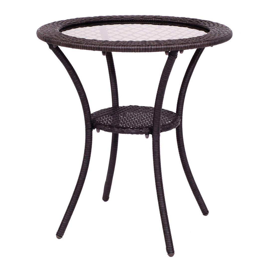 Round Rattan Wicker Coffee Table Glass Top Steel Frame Patio Furni W/Lower Shelf Image 3