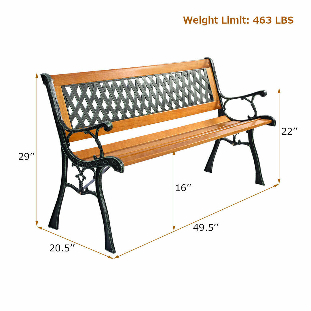 49 1/2 Patio Park Garden Bench Porch Path Chair Outdoor Deck Cast Iron Hardwood Image 3