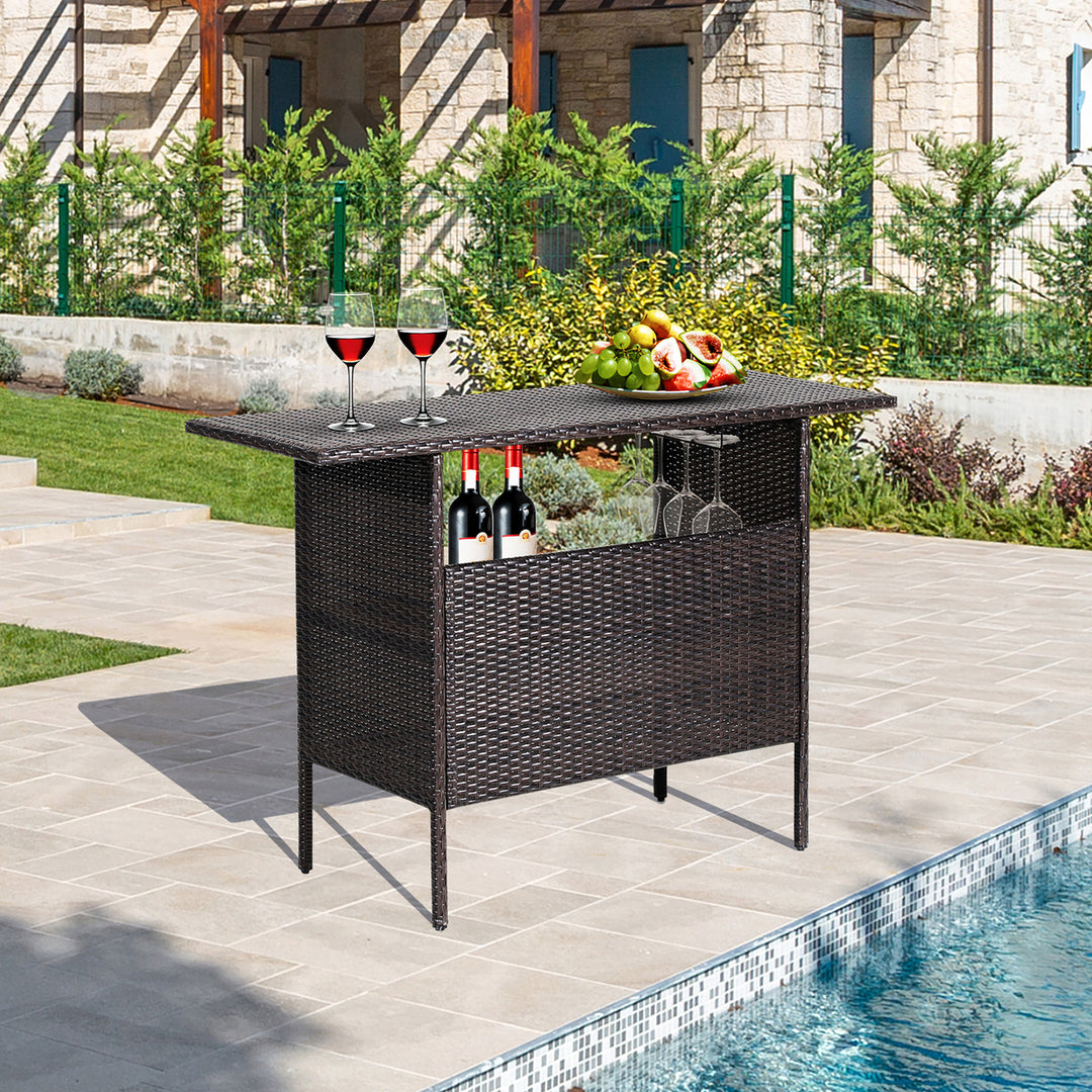 Patio Garden Rattan Wicker Bar Height Counter Table Storage Shelf Rail Image 3