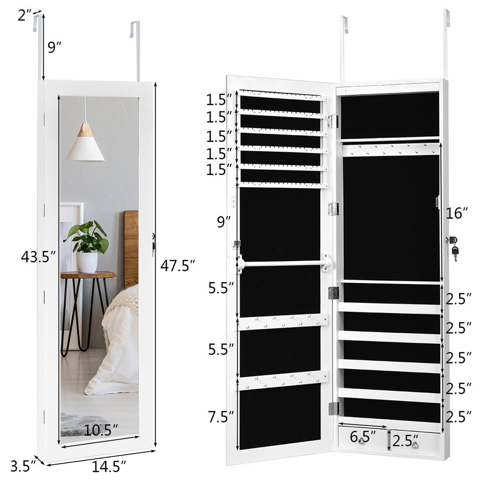 Wall Door Mounted Mirror Jewelry Cabinet Organizer w/LED Light Image 2