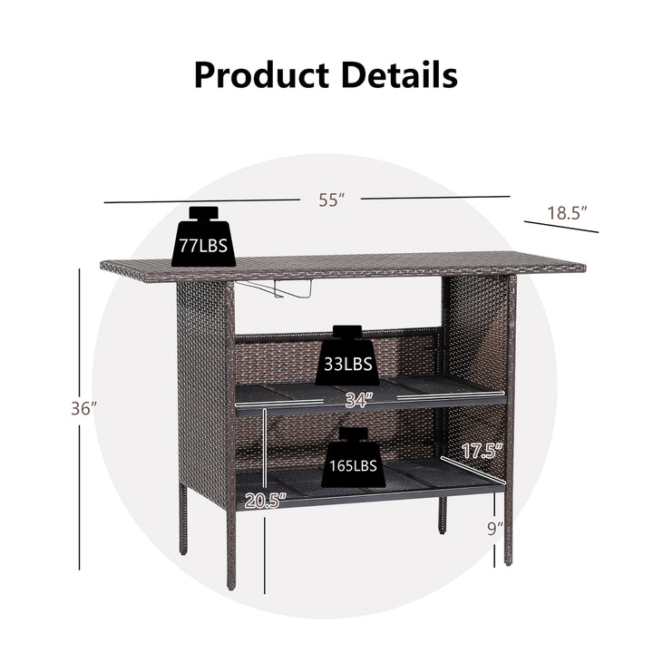 Patio Garden Rattan Wicker Bar Height Counter Table Storage Shelf Rail Image 4