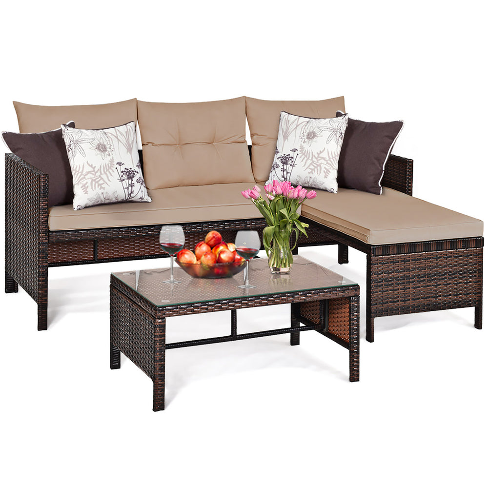 3PCS Patio Wicker Rattan Sofa Set Outdoor Sectional Conversation Set Garden Lawn Brown Image 2