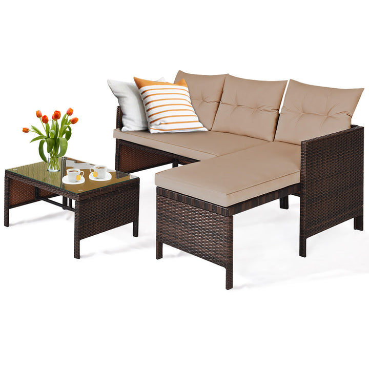 3PCS Patio Wicker Rattan Sofa Set Outdoor Sectional Conversation Set Garden Lawn Brown Image 3