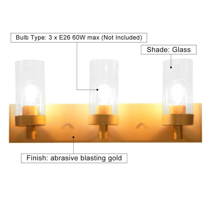 3-Light Vanity Lamp Gold Finish Clear Glass Shade Bathroom Fixture UL Listed Image 4