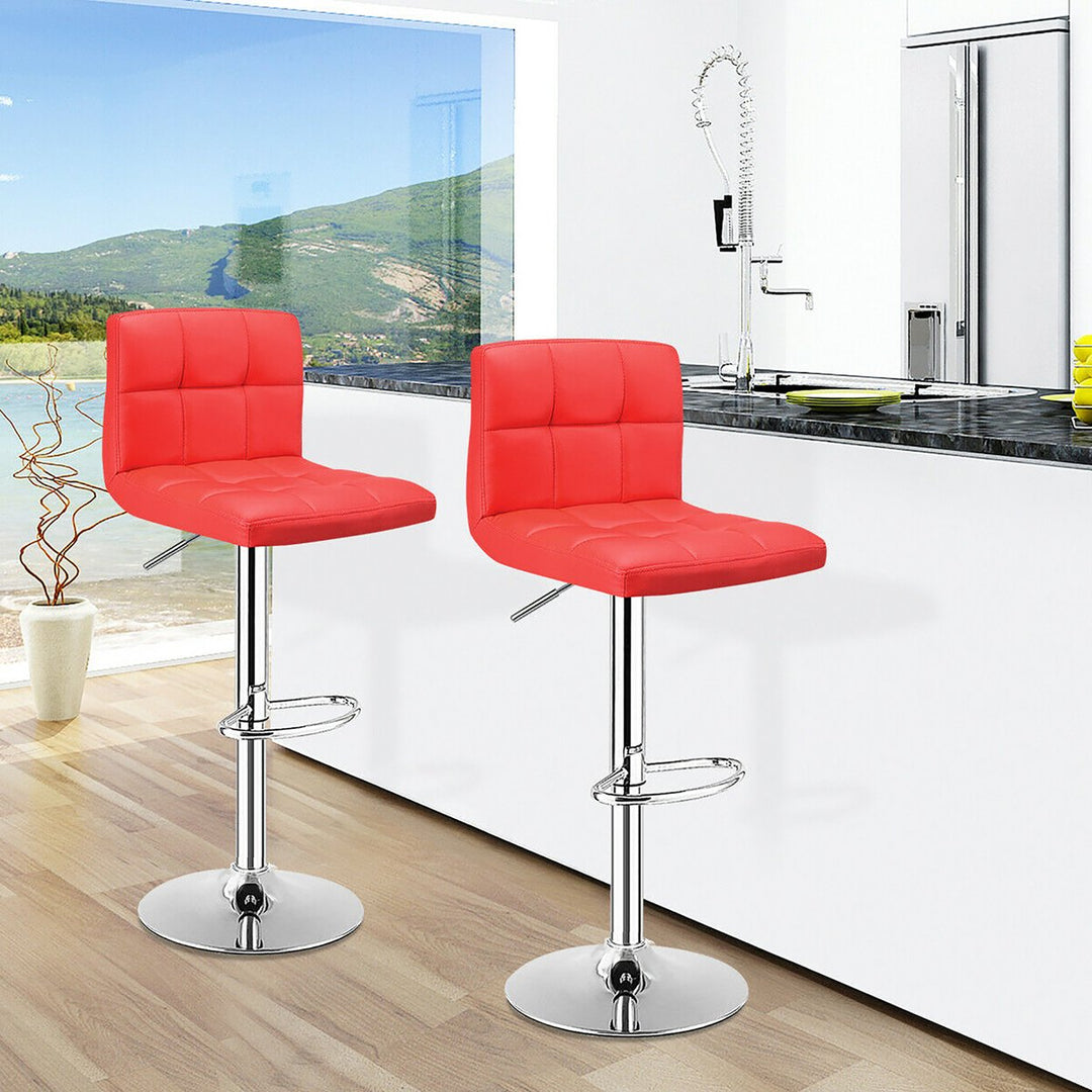 Set of 2 Bar Stools Adjustable Swivel Kitchen Counter Bar Chair PU Leather Red Full Back Image 4