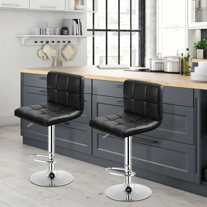 Set of 2 Bar Stools PU Leather Adjustable Barstool Low Back Swivel Pub Chairs Black Image 4