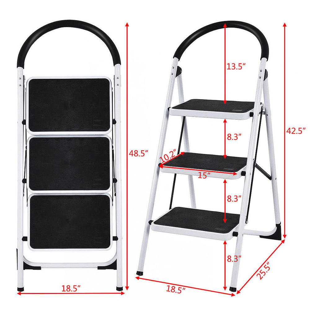 3 Step Ladder Folding Stool Heavy Duty 330Lbs Capacity Industrial Lightweight, Black Image 2