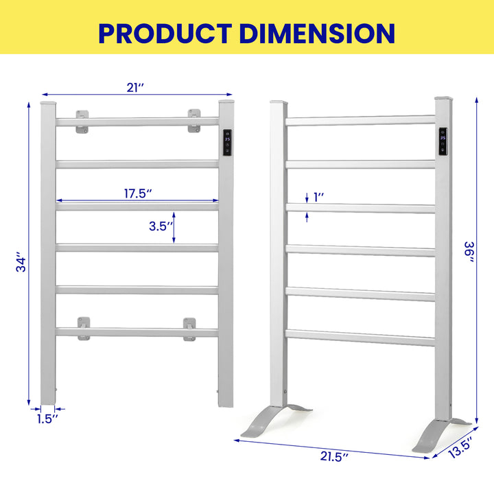 Freestanding Wall Mounted Towel Warmer 6-Bar Aluminum Heated Towel Rack w/ Timer Image 2