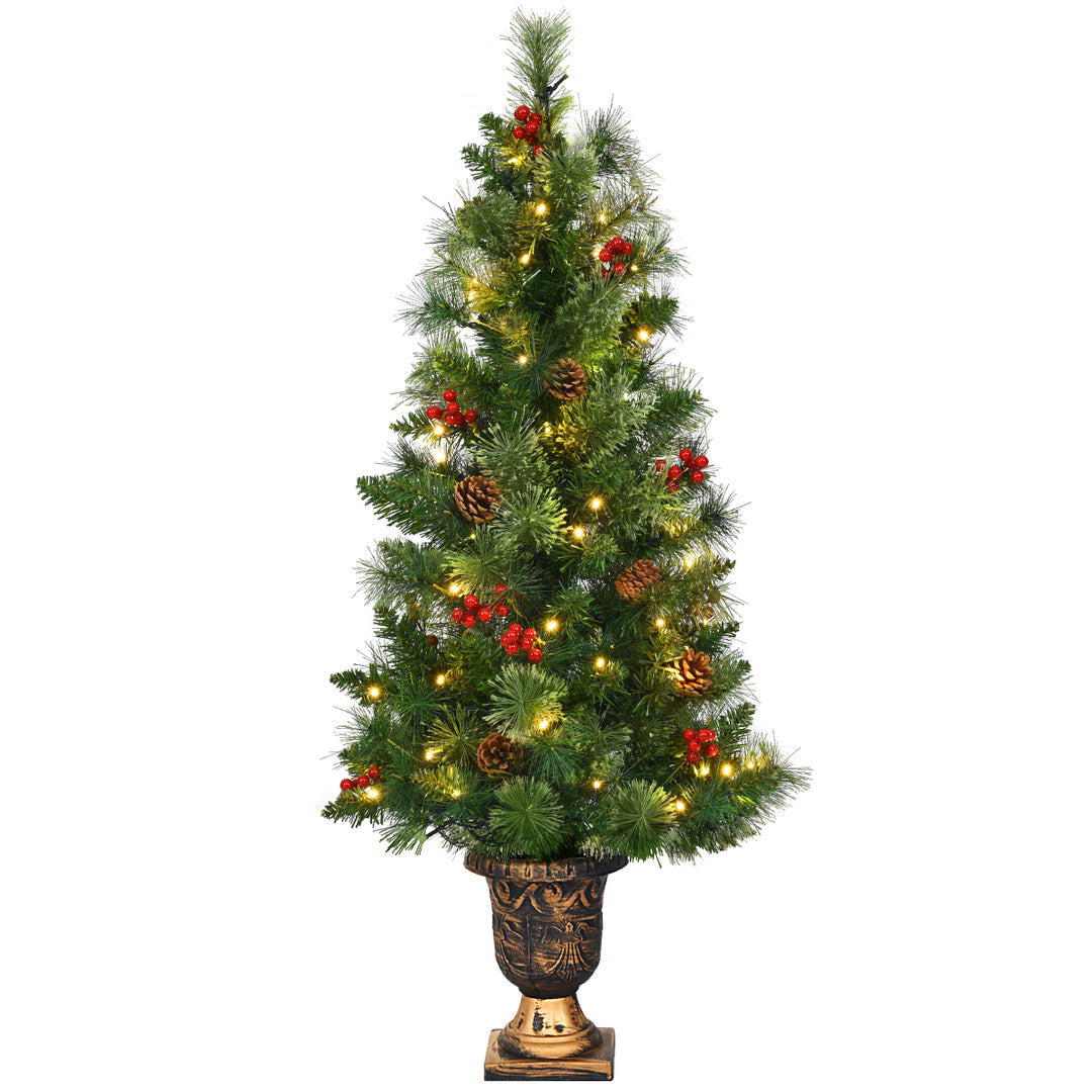 3ft Pre-Lit Christmas Entrance Tree In Urn w/ 40 LED Light Red Berries Pine Cone Image 2