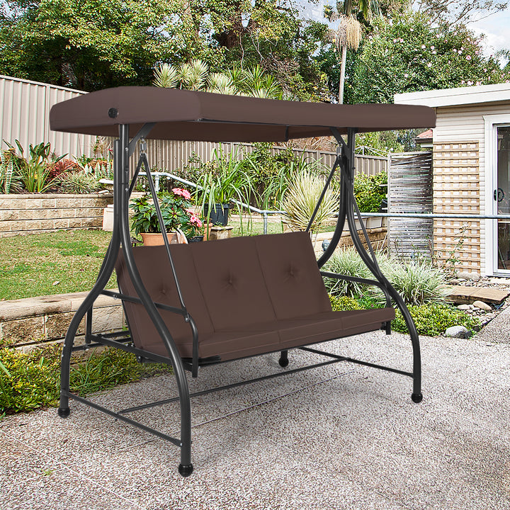 Converting Outdoor Swing Canopy Hammock 3 Seats Patio Deck Furniture Brown Image 3