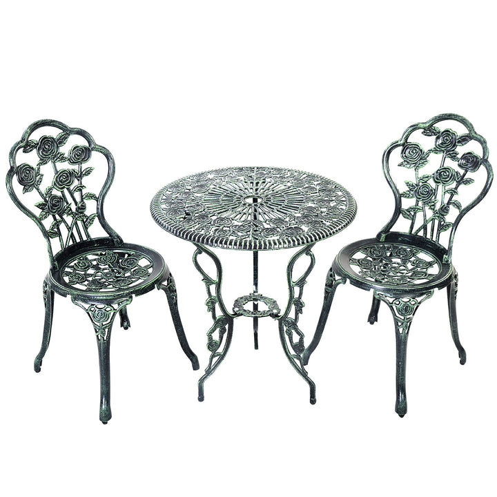 Patio Furniture Cast Aluminum Rose Design Bistro Set Antique Green (Green) Image 3