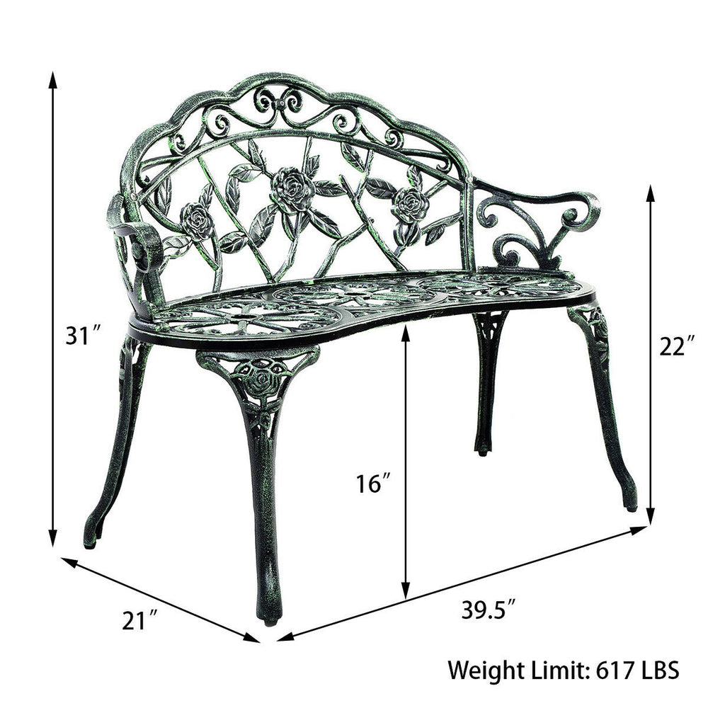 Patio Garden Bench Chair Style Porch Cast Aluminum Outdoor Rose Antique Green Image 2