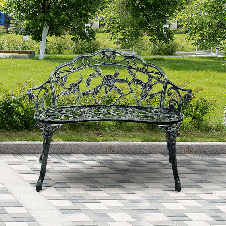 Patio Garden Bench Chair Style Porch Cast Aluminum Outdoor Rose Antique Green Image 4