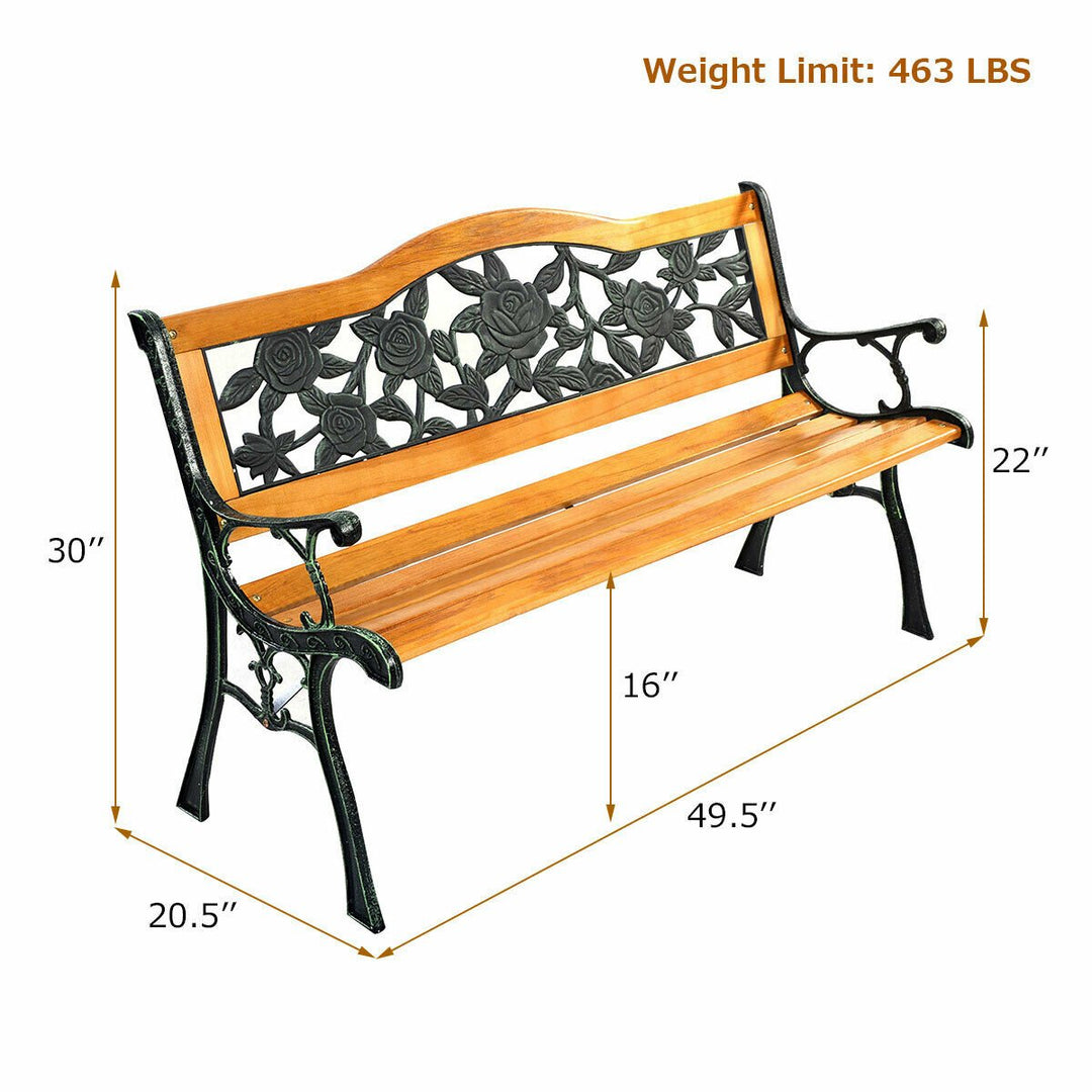 Patio Park Garden Bench Porch Path Chair Furniture Cast Iron Hardwood Image 2