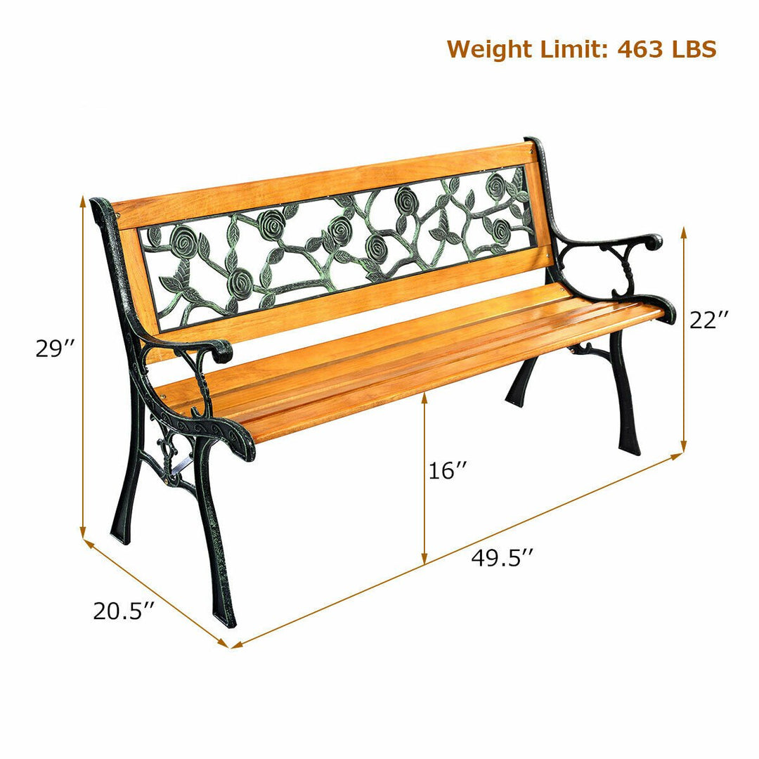 Patio Park Garden Bench Porch Chair Outdoor Deck Cast Iron Hardwood Rose Image 2