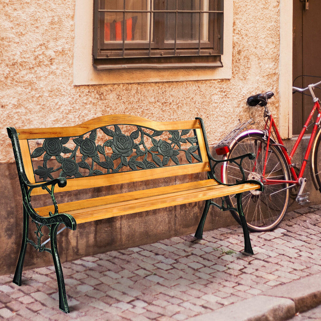 Patio Park Garden Bench Porch Path Chair Furniture Cast Iron Hardwood Image 4