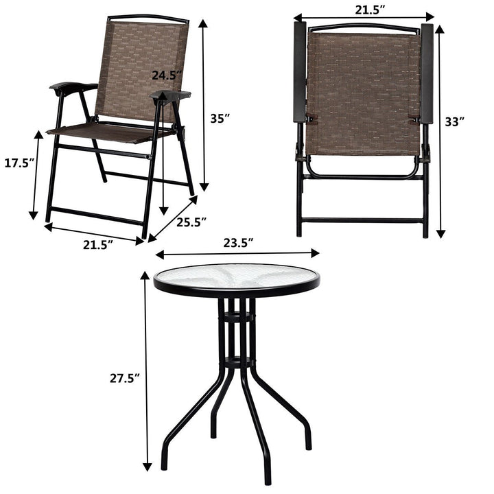 3PC Bistro Patio Garden Furniture Set 2 Folding Chairs Glass Table Top Steel Image 2